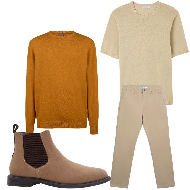 Outfit uomo - Autunno gold. Stile Casual per Tutti i giorni. Abbinamento con stivali e stivaletti, t-shirt, pantaloni chino, maglieria.