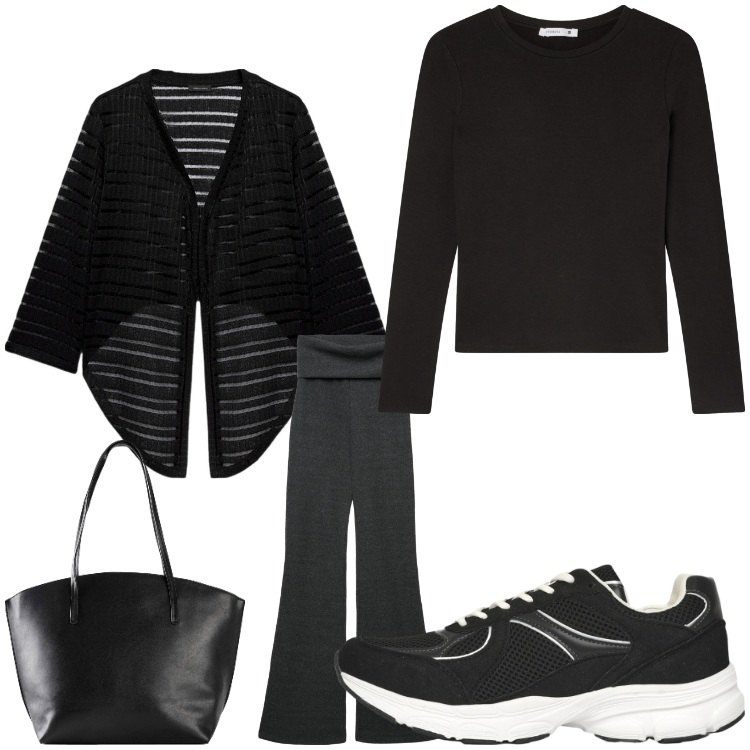 Outfit donna - Sporty stile. Stile Casual per Tutti i giorni. Abbinamento con shopping bag, t-shirt, sneakers, leggings, bolero.