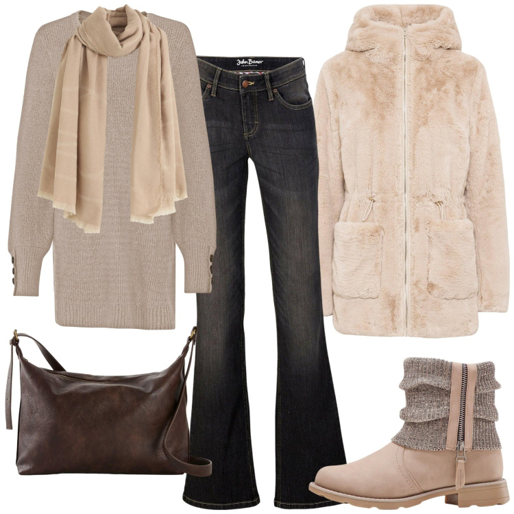 Outfit donna - Natural mood. Stile Casual per Tutti i giorni. Abbinamento con ecopellicce, maglieria, jeans bootcut, stivaletti, sciarpe, borse a tracolla.