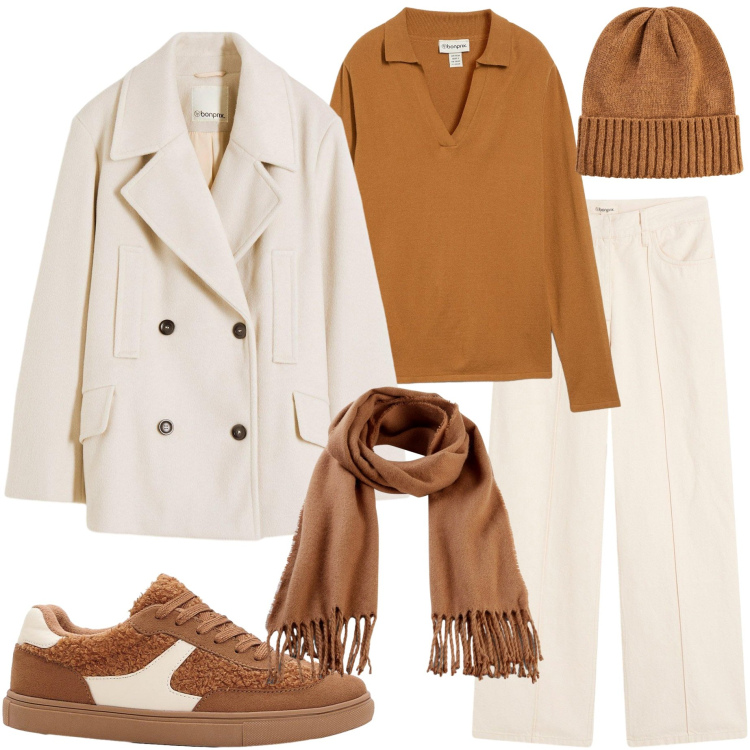 Outfit donna - Neutral by nature. Stile Casual chic per Tutti i giorni. Abbinamento con pantaloni, polo, caban, sneakers, sciarpe, berretti.