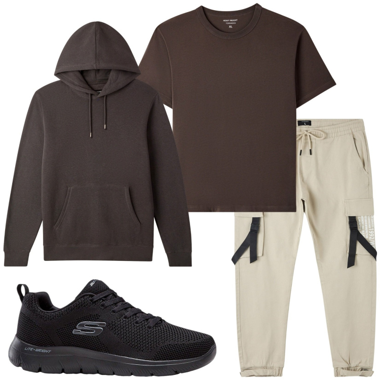 Outfit uomo - Total look #2255303. Stile Trendy per Tutti i giorni. Abbinamento con sneakers, t-shirt, felpe con cappuccio, pantaloni cargo.