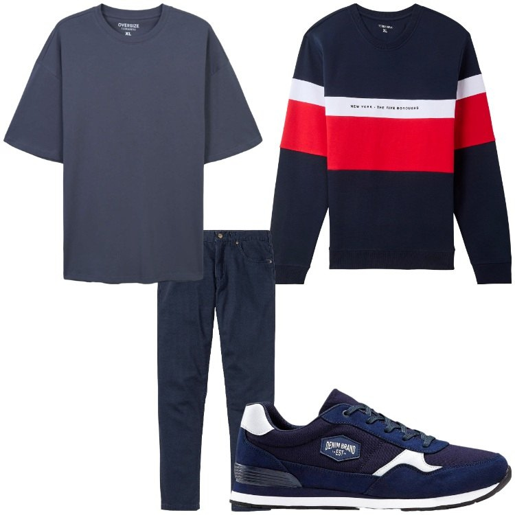 Outfit uomo - Rosso bianco e blu. Stile Casual per Tutti i giorni. Abbinamento con pantaloni, sneakers, felpe con cappuccio, t-shirt.