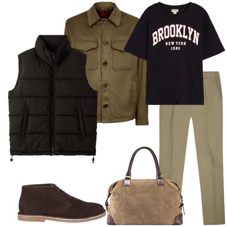 Outfit uomo - Total look #2255309. Stile Casual per Tutti i giorni. Abbinamento con t-shirt, piumini, giacche, stivali e stivaletti, pantaloni, borse sportive.