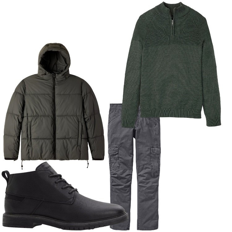 Outfit uomo - Alta quota. Stile Casual per Tutti i giorni. Abbinamento con pantaloni cargo, maglieria, stivali e stivaletti, bomber.