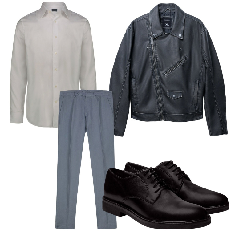 Outfit uomo - Chiodo iconico. Stile Casual per Ufficio. Abbinamento con giacche, scarpe stringate, pantaloni, camicie.