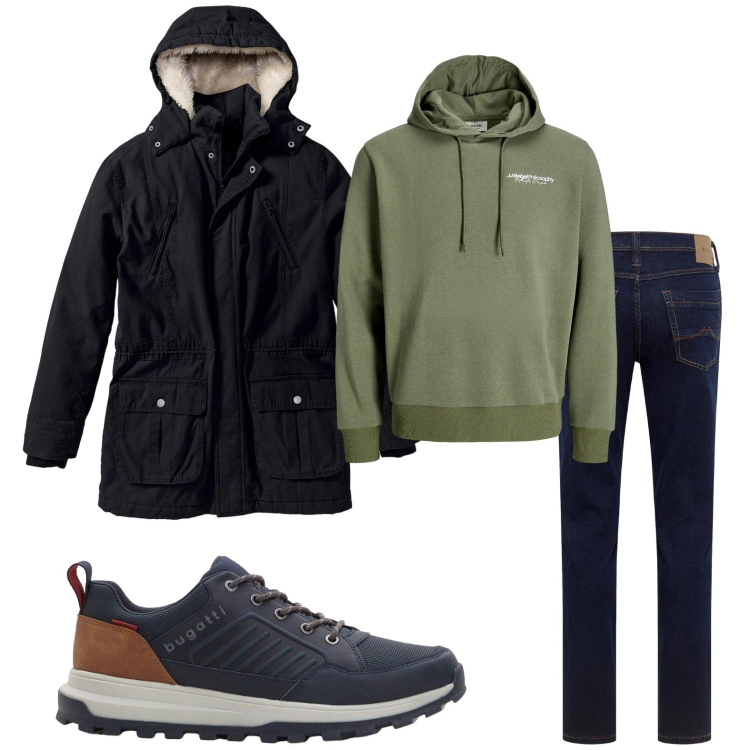 Outfit uomo - Felpa di mezza stagione. Stile Trendy per Tutti i giorni. Abbinamento con parka, jeans dritti, sneakers, felpe con cappuccio.