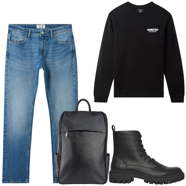 Outfit uomo - Total look #2255326. Stile Casual per Tutti i giorni. Abbinamento con jeans, felpe, anfibi, borse sportive.