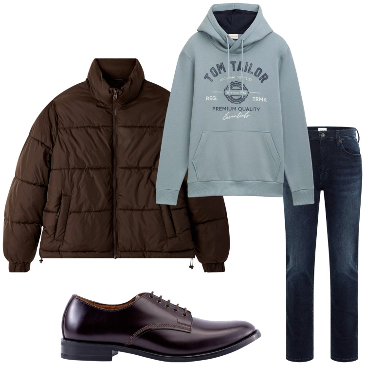 Outfit uomo - Primi freddi. Stile Casual per Tutti i giorni. Abbinamento con jeans slim fit, felpe con cappuccio, bomber, scarpe stringate.