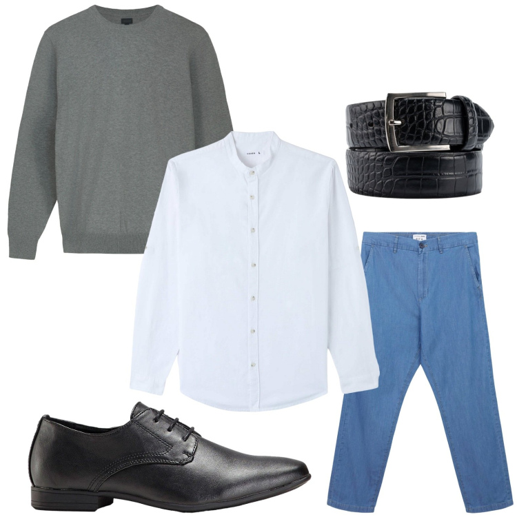Outfit uomo - Stile minimal. Stile Trendy per Tutti i giorni. Abbinamento con scarpe stringate, jeans, camicie, maglieria, cinture.