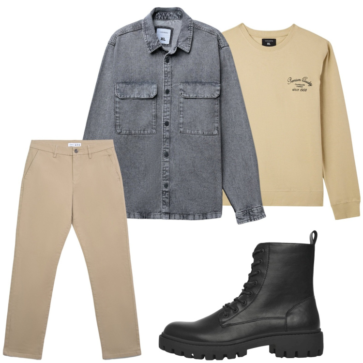 Outfit uomo - Stile originale. Stile Trendy per Tutti i giorni. Abbinamento con felpe, anfibi, pantaloni chino, cappotti.