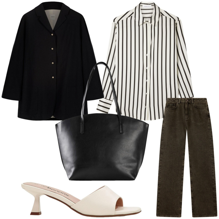 Outfit donna - Righe. Stile Minimal per Tutti i giorni. Abbinamento con shopping bag, ciabatte, camicie, jeans dritti, blazer.