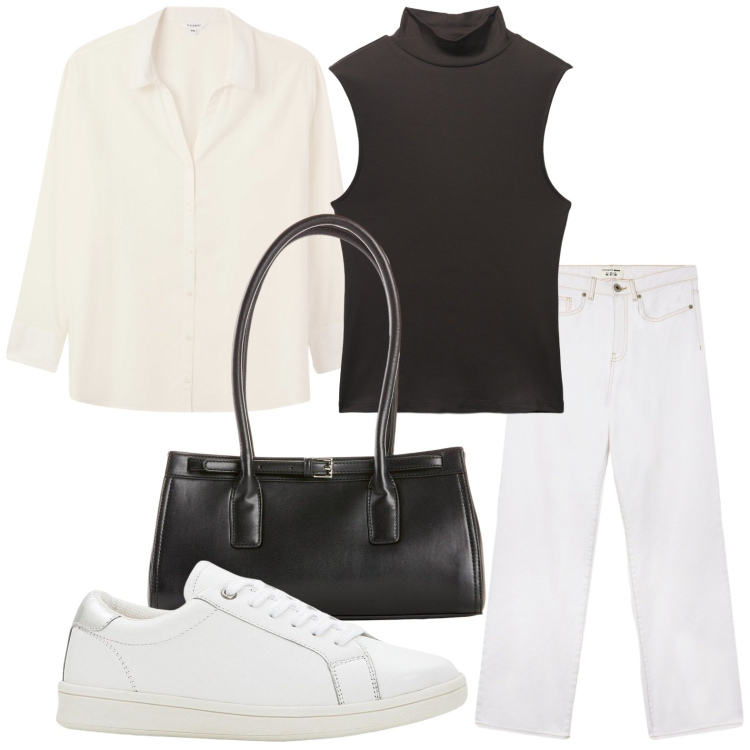 Outfit donna - Minimal. Stile Minimal per Tutti i giorni. Abbinamento con sneakers, borse a mano, jeans dritti, bluse, canottiere.