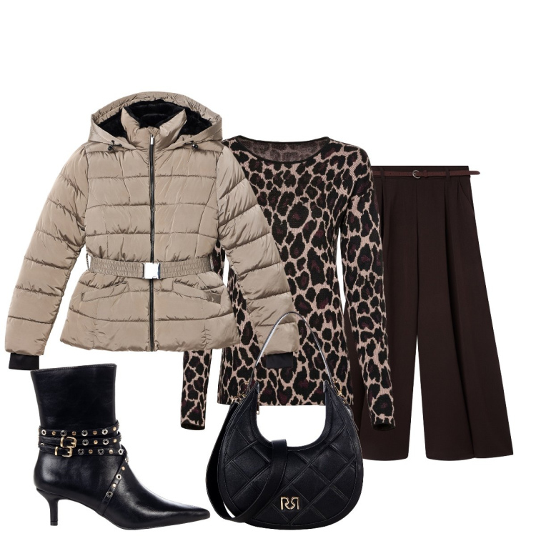Outfit donna - Total look #2255340. Stile Glamour per Tutti i giorni. Abbinamento con maglieria, piumini, pantaloni, stivaletti, borse a tracolla.