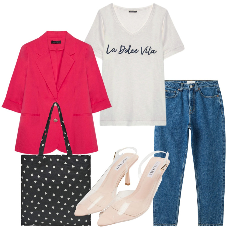 Outfit donna - Una shopper a pois. Stile Minimal per Tutti i giorni. Abbinamento con jeans mom, sandali col tacco, borse tote, blazer, t-shirt.