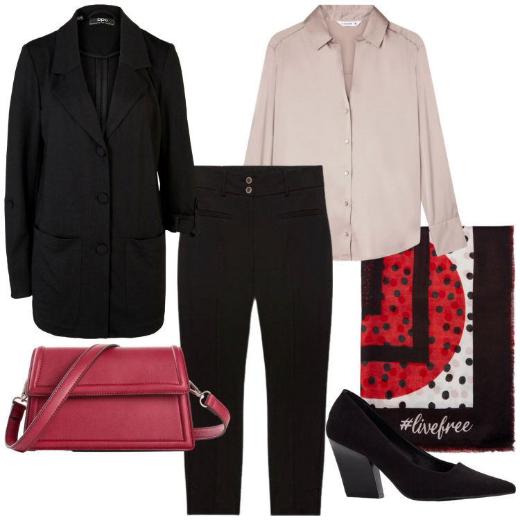 Outfit donna - Total look #2255342. Stile Romantica per Ufficio. Abbinamento con blazer, décolleté, borse a tracolla, camicie, pantaloni, foulard.
