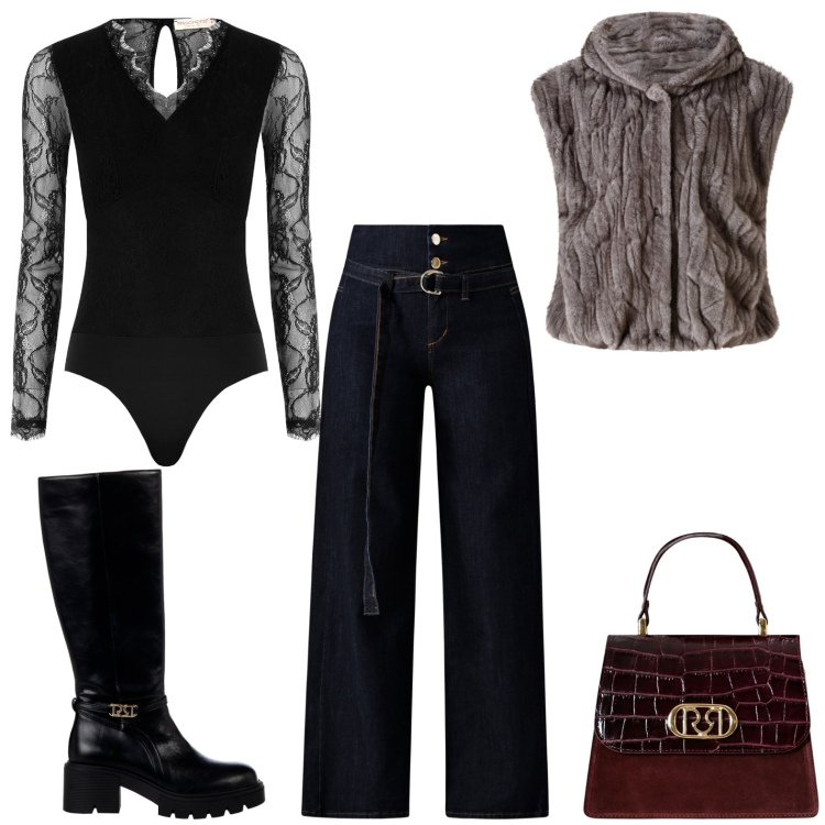 Outfit donna - Passeggiata in centro la domenica. Stile Casual chic per Tutti i giorni. Abbinamento con stivali sopra il ginocchio, piumini, body, borse a mano, jeans.