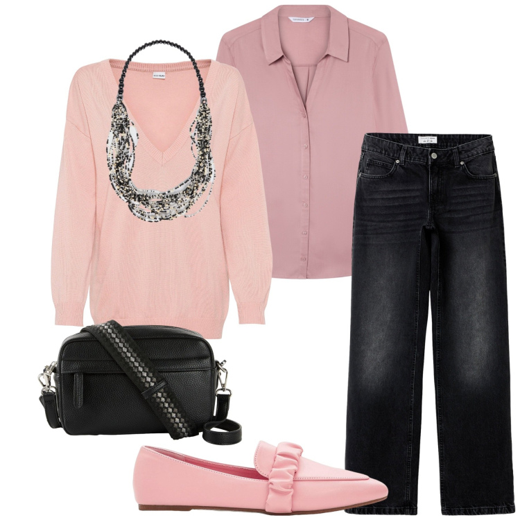 Outfit donna - Total look #2255352. Stile Minimal per Ufficio. Abbinamento con maglieria, mocassini, borse a tracolla, camicie, jeans, collane.