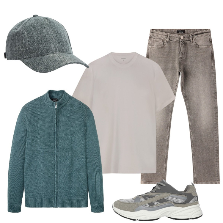 Outfit uomo - Total look #2255353. Stile Casual per Tutti i giorni. Abbinamento con cardigans, jeans, sneakers, cappelli, t-shirt.