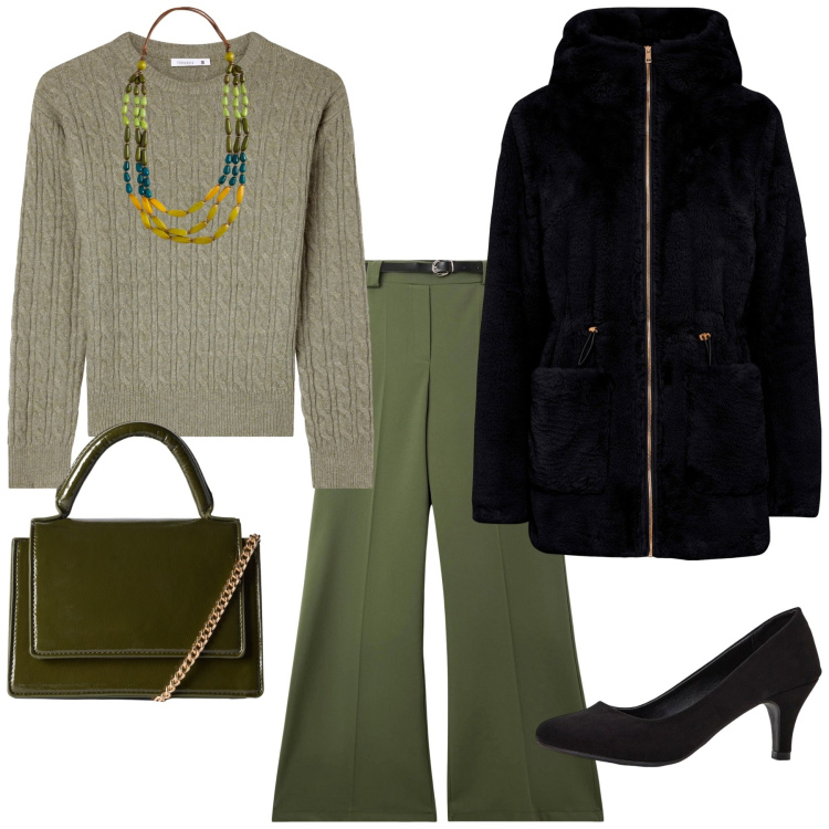 Outfit donna - Total look #2255354. Stile Glamour per Ufficio. Abbinamento con ecopellicce, décolleté, pantaloni, maglieria, borse a tracolla, collane.