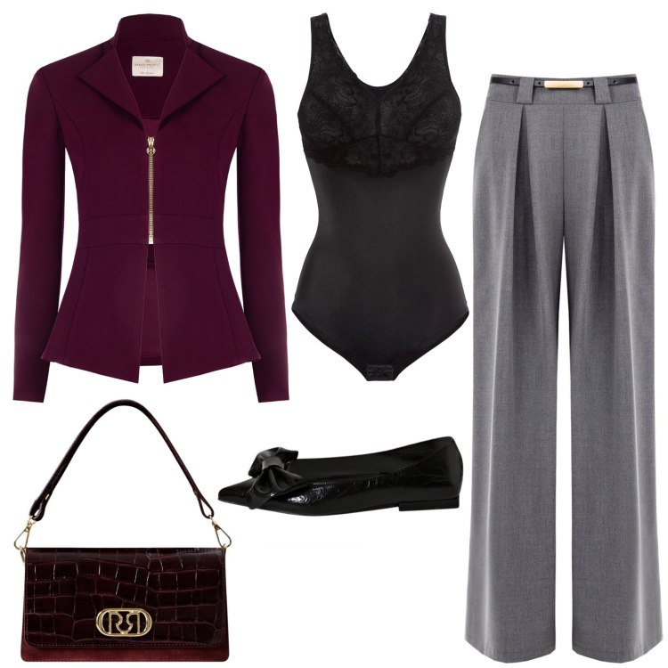 Outfit donna - Total look #2255355. Stile Chic per Serata fuori. Abbinamento con body, blazer, pantaloni a palazzo, ballerine, borse a mano.