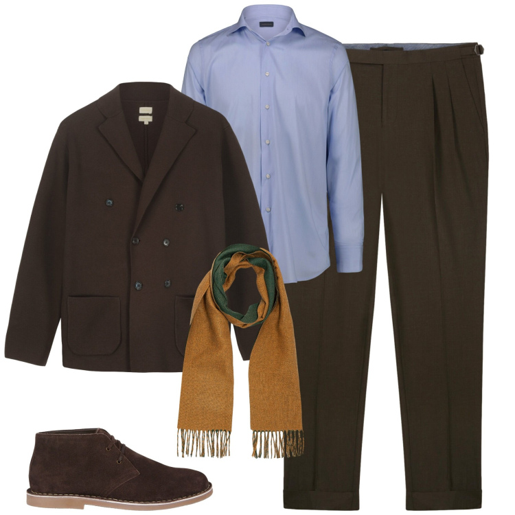 Outfit uomo - Brown. Stile Trendy per Tutti i giorni. Abbinamento con camicie, stivali e stivaletti, pantaloni, sciarpe, giacche.