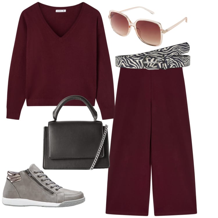 Outfit donna - Total look #2255358. Stile Trendy per Tutti i giorni. Abbinamento con sneakers alte, occhiali da sole, pantaloni culotte, maglieria, borse a tracolla, cinture.