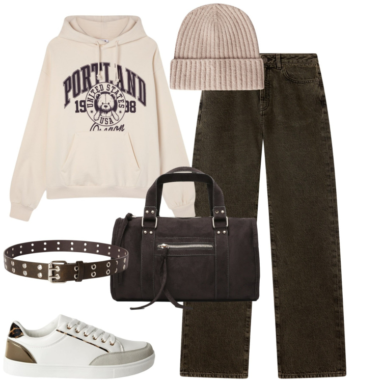 Outfit donna - Fall. Stile Casual per Tutti i giorni. Abbinamento con sneakers, cinture, borse a mano, felpe con cappuccio, jeans dritti, berretti.