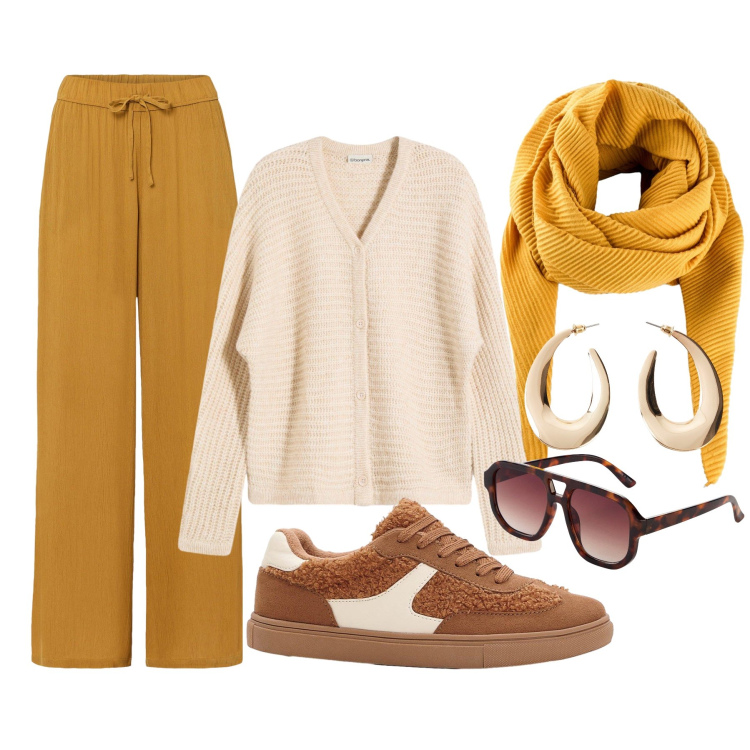 Outfit donna - Colori autunnali. Stile Casual per Tutti i giorni. Abbinamento con foulard, pantaloni, orecchini, cardigans, sneakers, occhiali da sole.