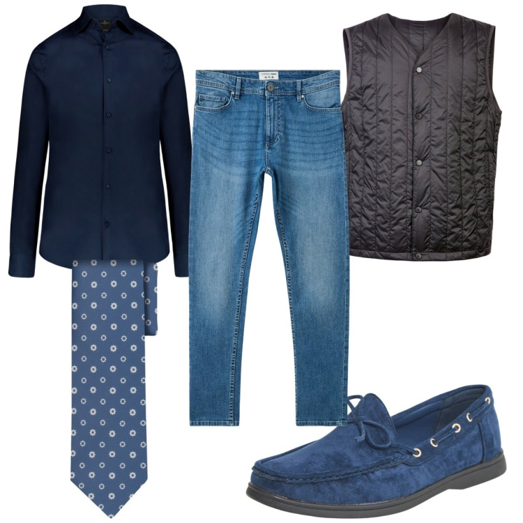 Outfit uomo - Total look #2255361. Stile Casual per Ufficio. Abbinamento con jeans skinny, scarpe stringate, camicie, piumini, cravatte.