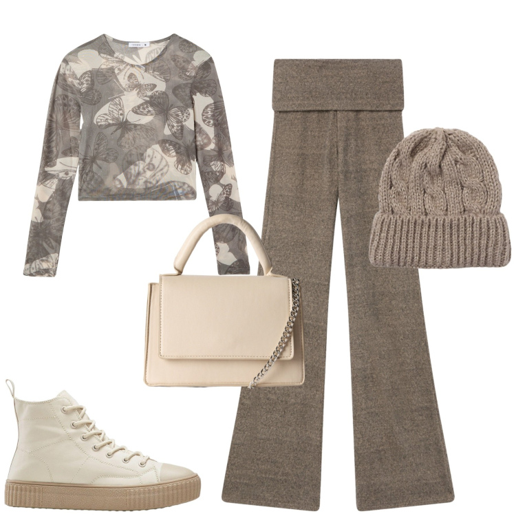Outfit donna - Fall. Stile Casual per Tutti i giorni. Abbinamento con sneakers alte, berretti, leggings, t-shirt, borse a tracolla.