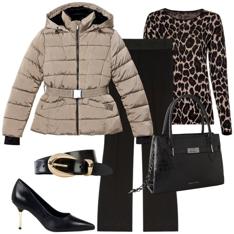Outfit donna - Fall. Stile Urban per Tutti i giorni. Abbinamento con maglieria, cinture, borse a mano, piumini, décolleté, pantaloni.