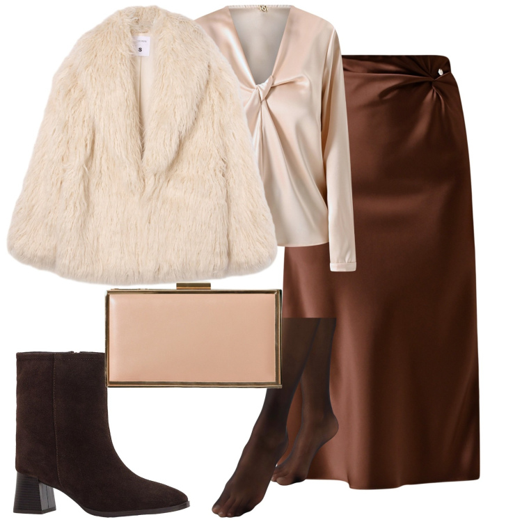 Outfit donna - A cena. Stile Chic per Serata fuori. Abbinamento con stivaletti, ecopellicce, gonne longuette, bluse, collant, pochette.