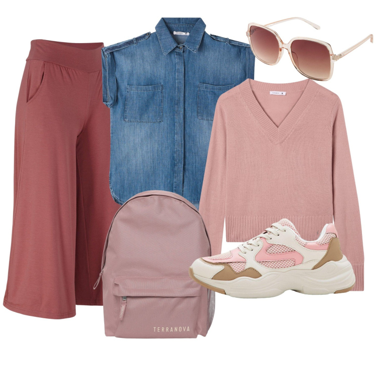 Outfit donna - Nel Tempo libero. Stile Casual per Tutti i giorni. Abbinamento con pantaloni culotte, sneakers, occhiali da sole, zaini, camicie a manica corta, maglieria.