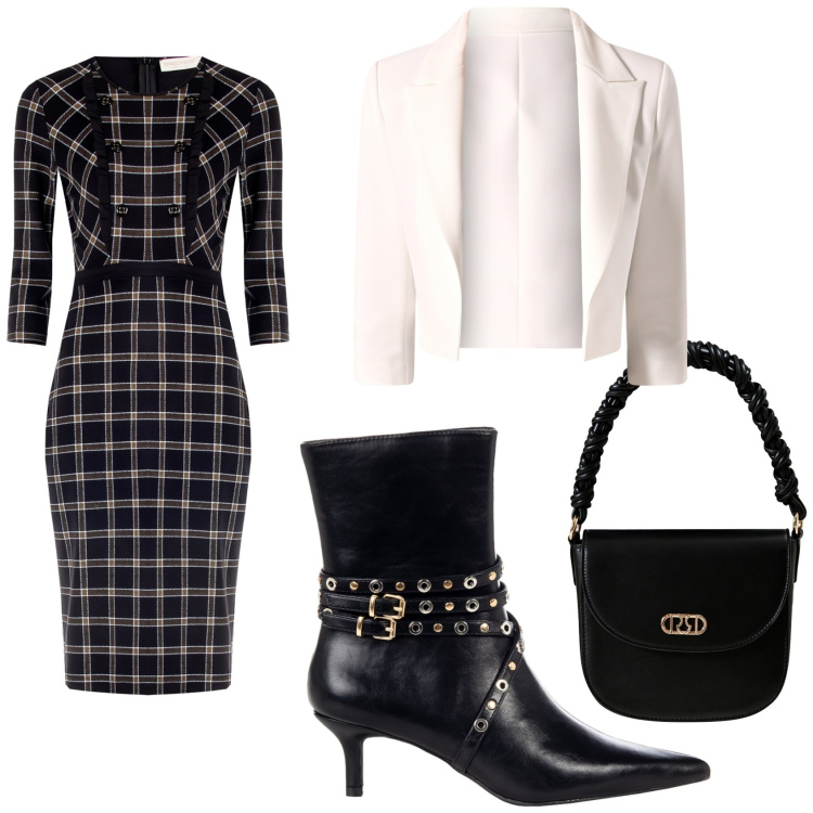 Outfit donna - Alla moda con il vestito a quadri. Stile Bon Ton per Serata fuori. Abbinamento con blazer, stivaletti, borse a mano, vestiti a tubino.