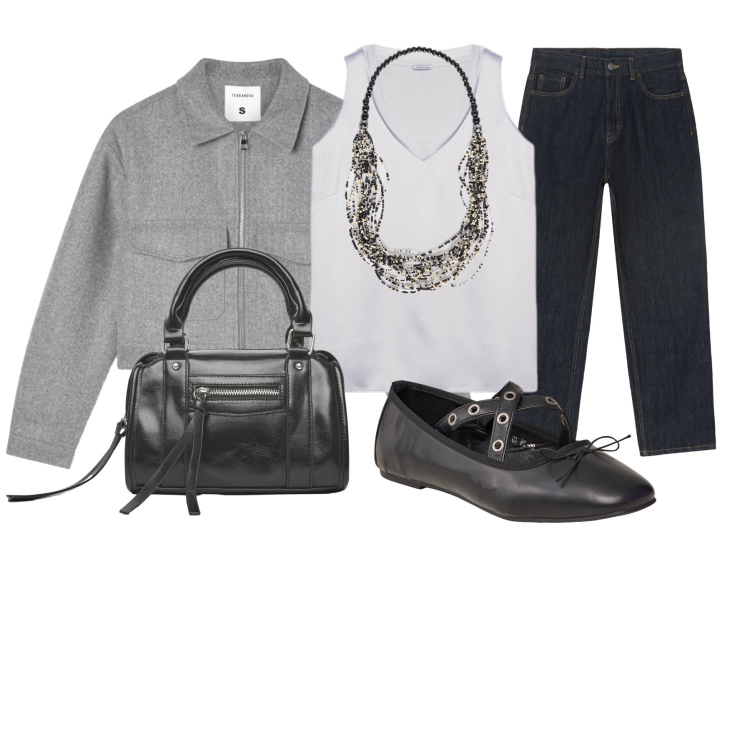Outfit donna - Minimal con stile. Stile Minimal per Tutti i giorni. Abbinamento con blazer, ballerine, borse a mano, jeans dritti, top, collane.