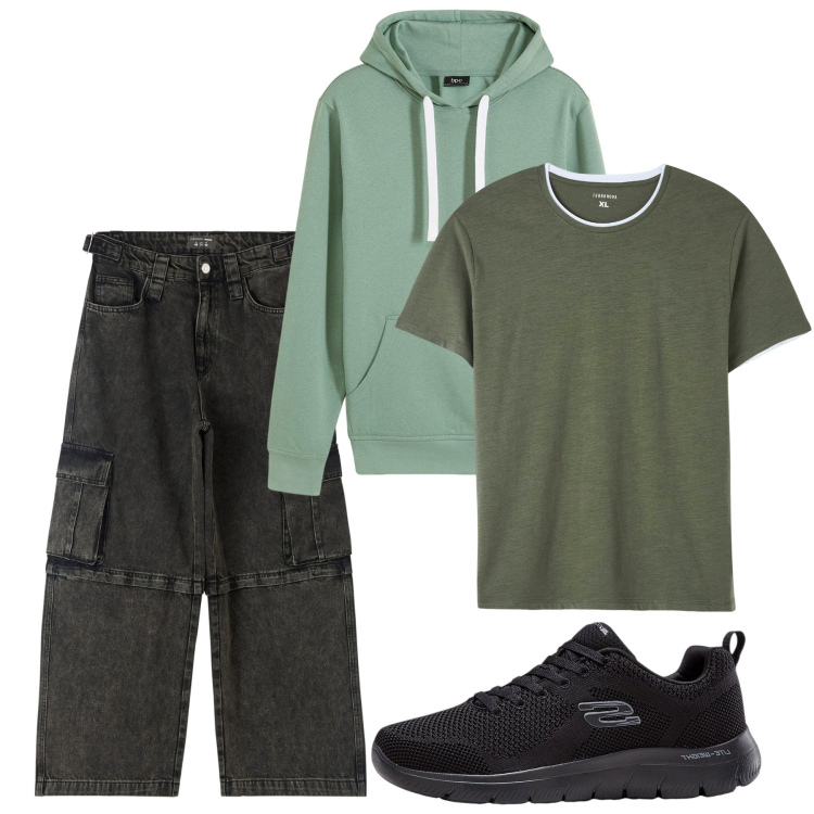 Outfit uomo - Settembre. Stile Urban per Tutti i giorni. Abbinamento con sneakers, felpe con cappuccio, t-shirt, jeans.