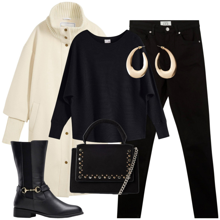 Outfit donna - City. Stile Casual chic per Tutti i giorni. Abbinamento con cappotti, stivali, maglieria, orecchini, pantaloni skinny, borse a tracolla.