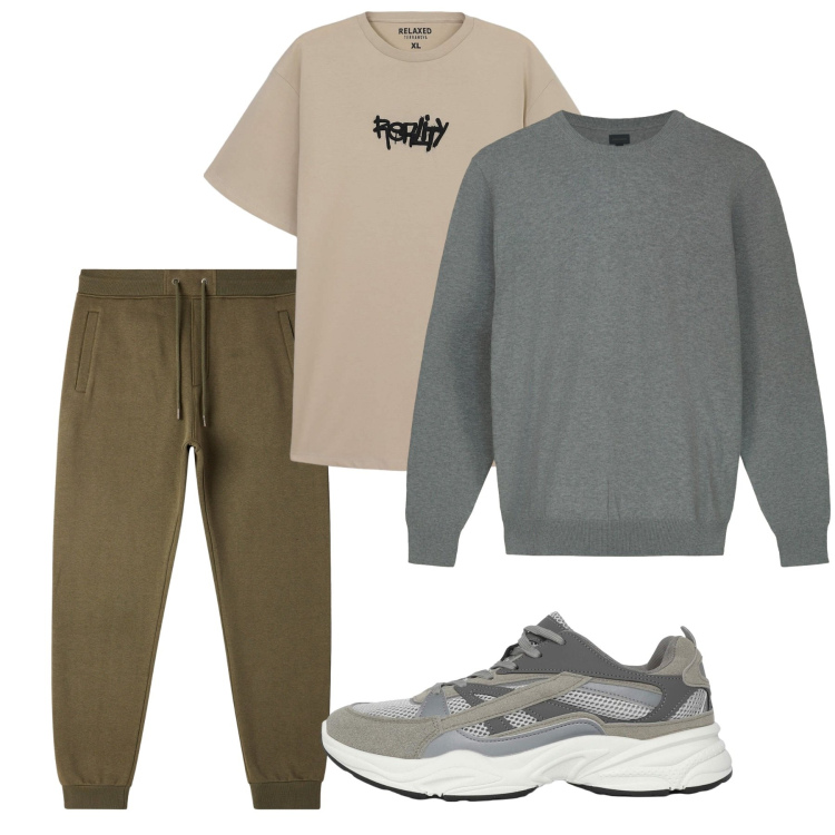 Outfit uomo - Fall. Stile Casual per Tutti i giorni. Abbinamento con pantaloni, t-shirt, sneakers, maglieria.