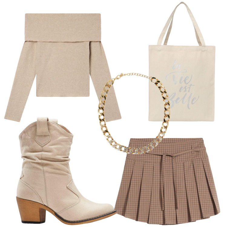 Outfit donna - Beige d\'autunno. Stile Casual per Tutti i giorni. Abbinamento con stivaletti texani, gonne, maglieria, borse tote, collane.