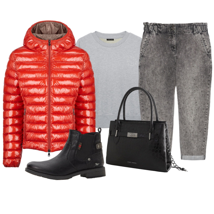 Outfit donna - Un tocco di rosso. Stile Casual per Tutti i giorni. Abbinamento con borse a mano, stivaletti chelsea, blazer, jeans, felpe.