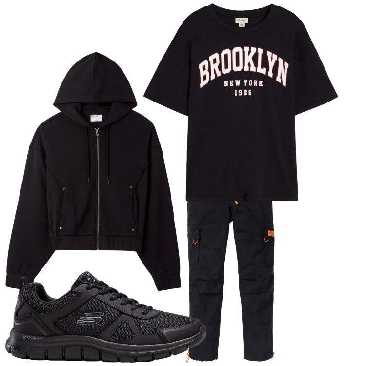 Outfit uomo - Brooklyn. Stile Casual per Tutti i giorni. Abbinamento con pantaloni, sneakers, t-shirt, felpe con cappuccio.