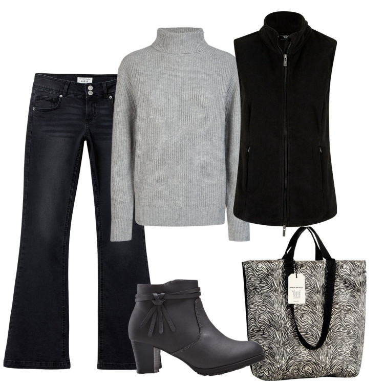 Outfit donna - Il pullover grigio. Stile Casual per Tutti i giorni. Abbinamento con stivaletti, gilet, jeans a zampa, borse tote, maglieria.