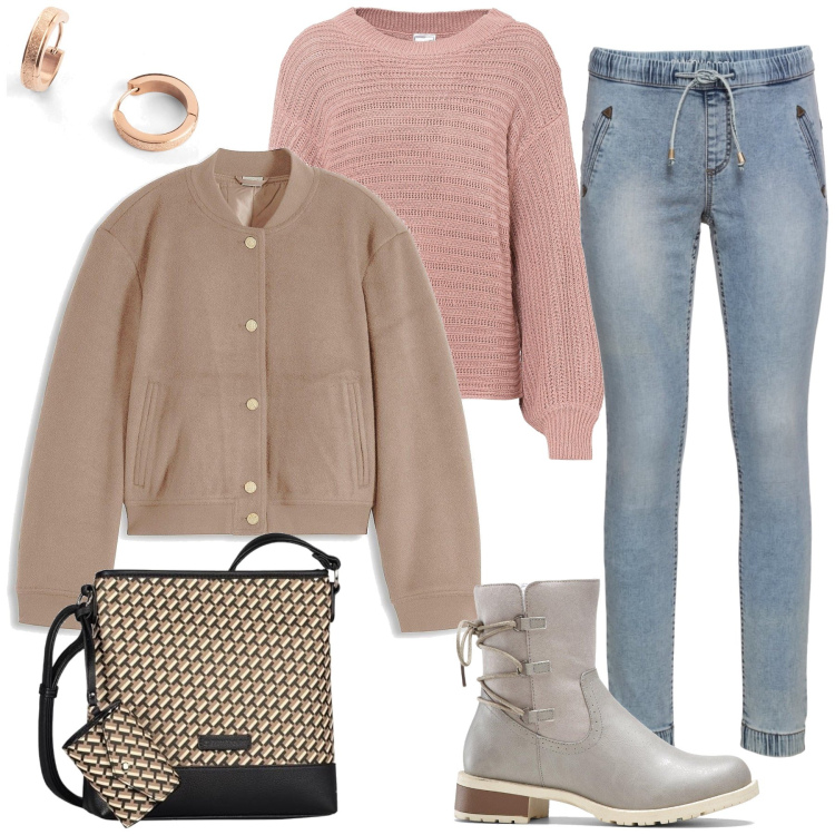 Outfit femme - Emily. Style Basique pour Tous les jours. Assortir avec pulls, bottines, jeans, blazers, boucles d'oreilles, sacs besace.