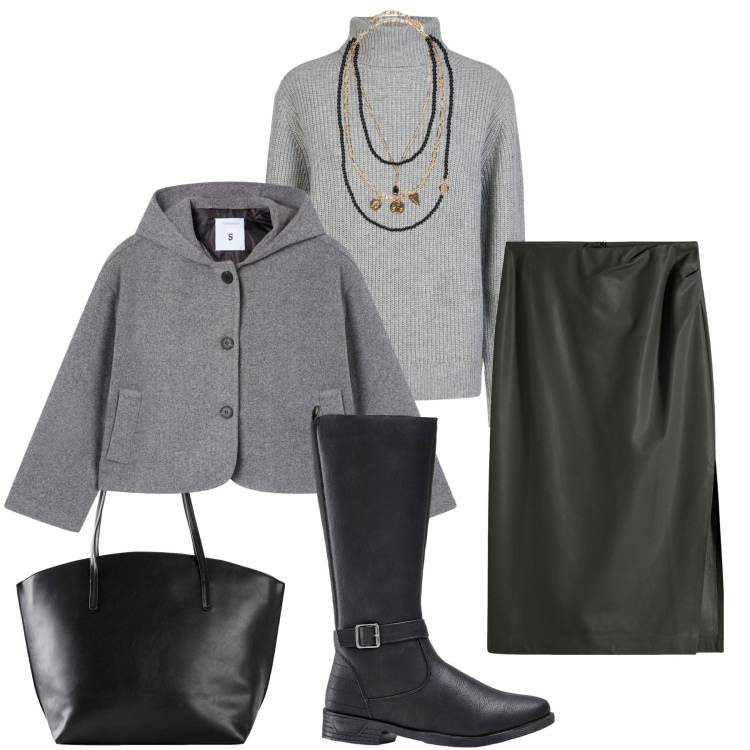 Outfit donna - Il grigio in autunno. Stile Casual per Ufficio. Abbinamento con stivali, gonne longuette, shopping bag, caban, maglieria, collane.