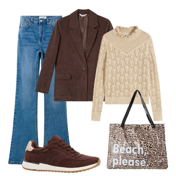 Outfit donna - Bella tutti i giorni. Stile Casual chic per Ufficio. Abbinamento con maglieria, sneakers, borse tote, jeans a zampa, blazer.