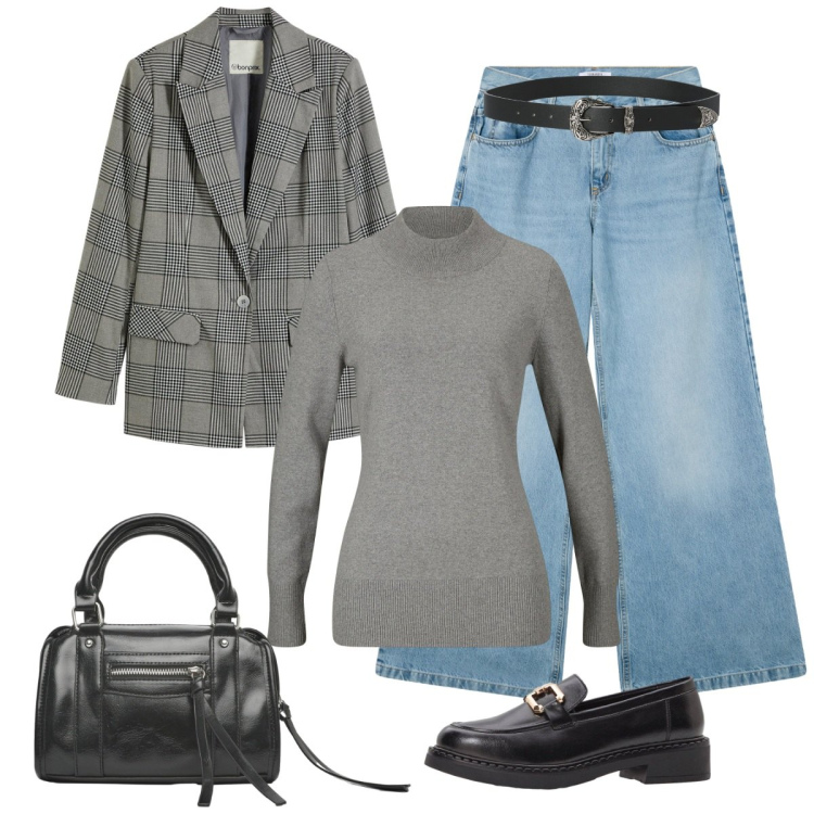 Outfit donna - Quadri e jeans. Stile Casual chic per Serata fuori. Abbinamento con blazer, maglieria, mocassini, borse a mano, cinture, jeans.
