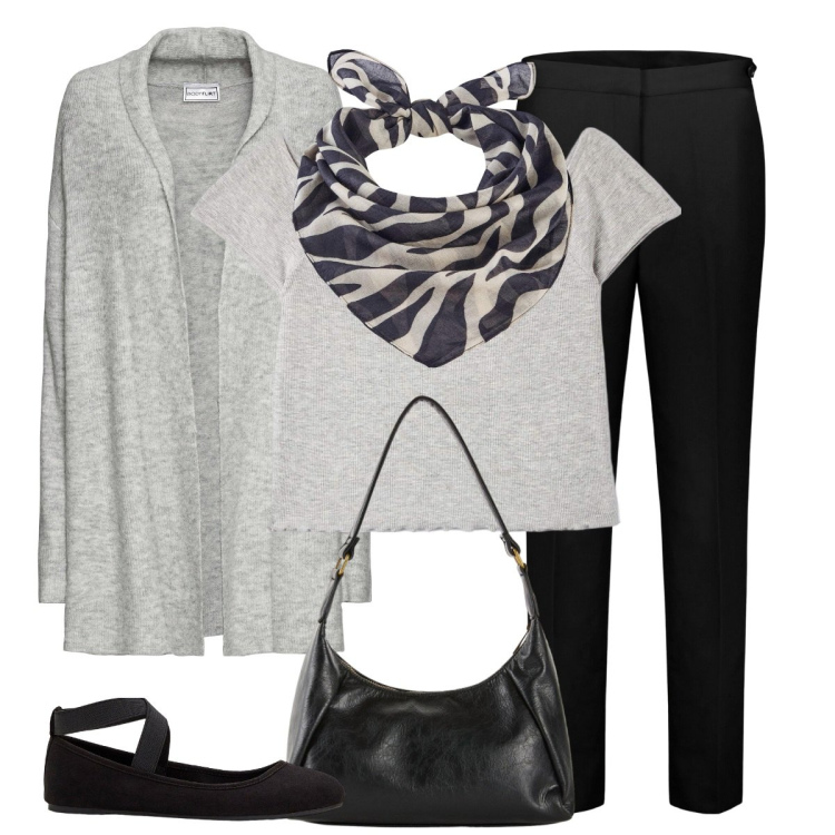 Outfit donna - Classica. Stile Basic per Ufficio. Abbinamento con ballerine, cardigans, foulard, borse a mano, t-shirt, pantaloni chino.