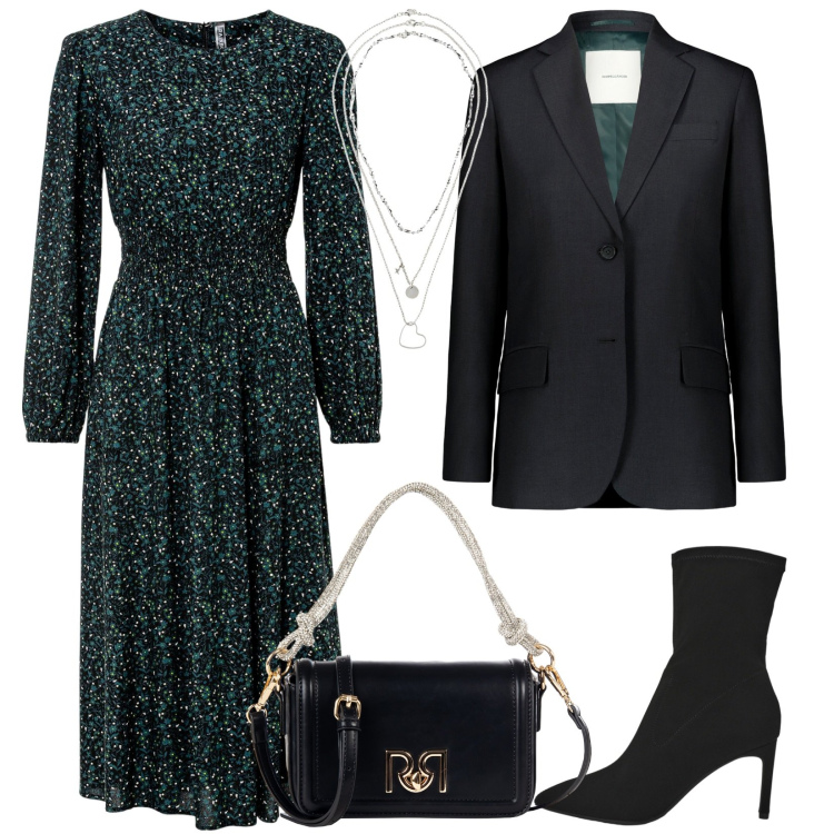 Outfit donna - Il vestito verde. Stile Chic per Serata fuori. Abbinamento con vestiti midi/longuette, collane, stivali, borse a mano, blazer.