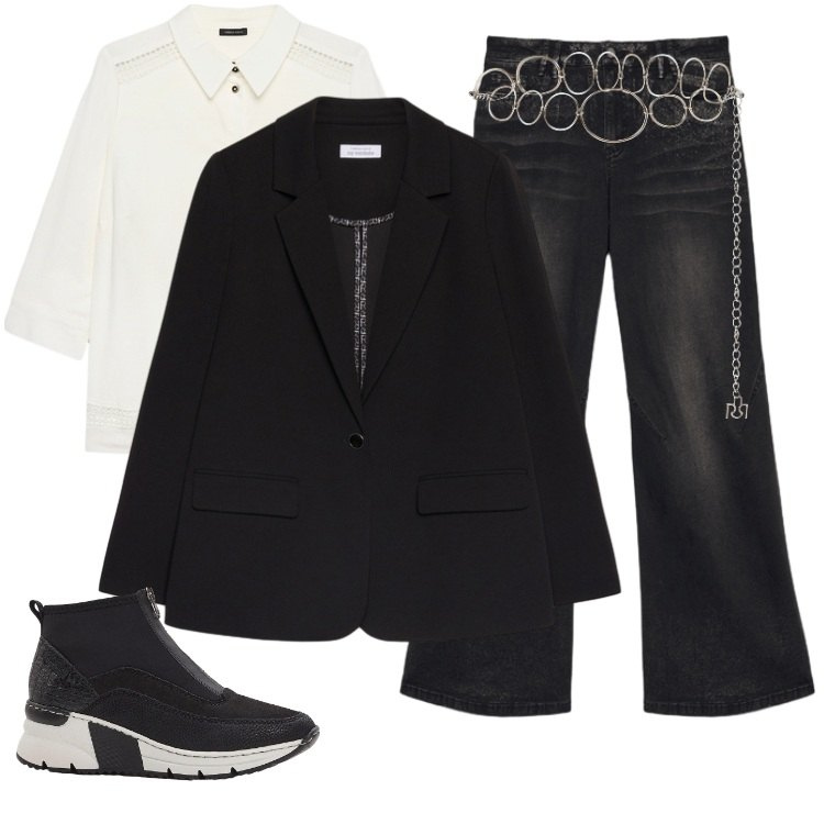 Outfit donna - Total look #2255408. Stile Sporty chic per Serata fuori. Abbinamento con sneakers, cinture, jeans, camicie, blazer.