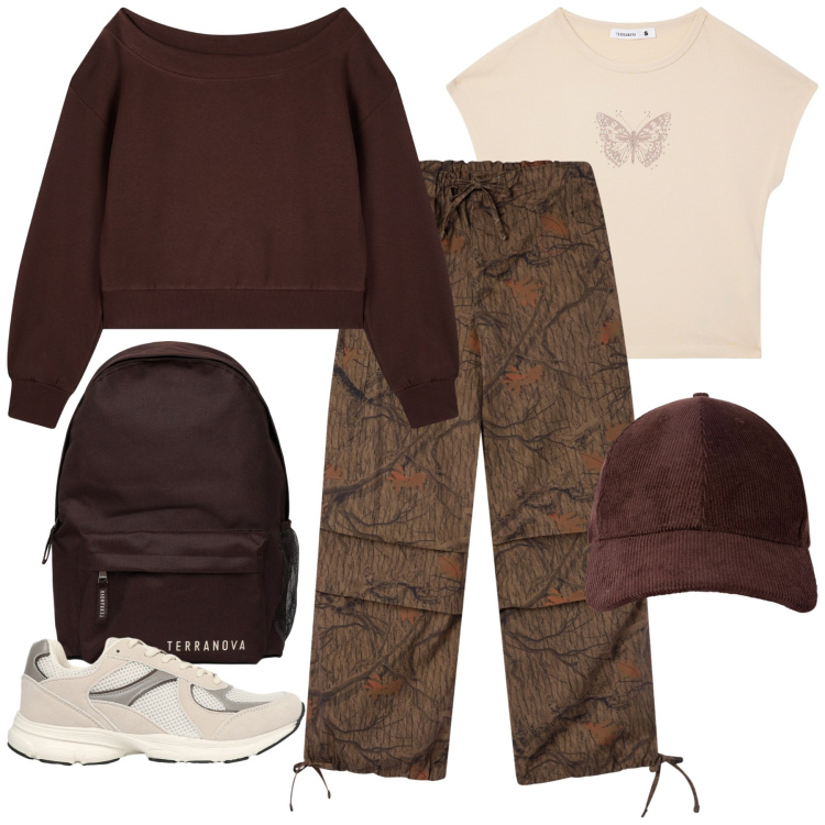 Outfit donna - Total look #2255409. Stile Urban per Scuola/Università. Abbinamento con felpe, t-shirt, pantaloni cargo, zaini, cappelli con visiera, sneakers.